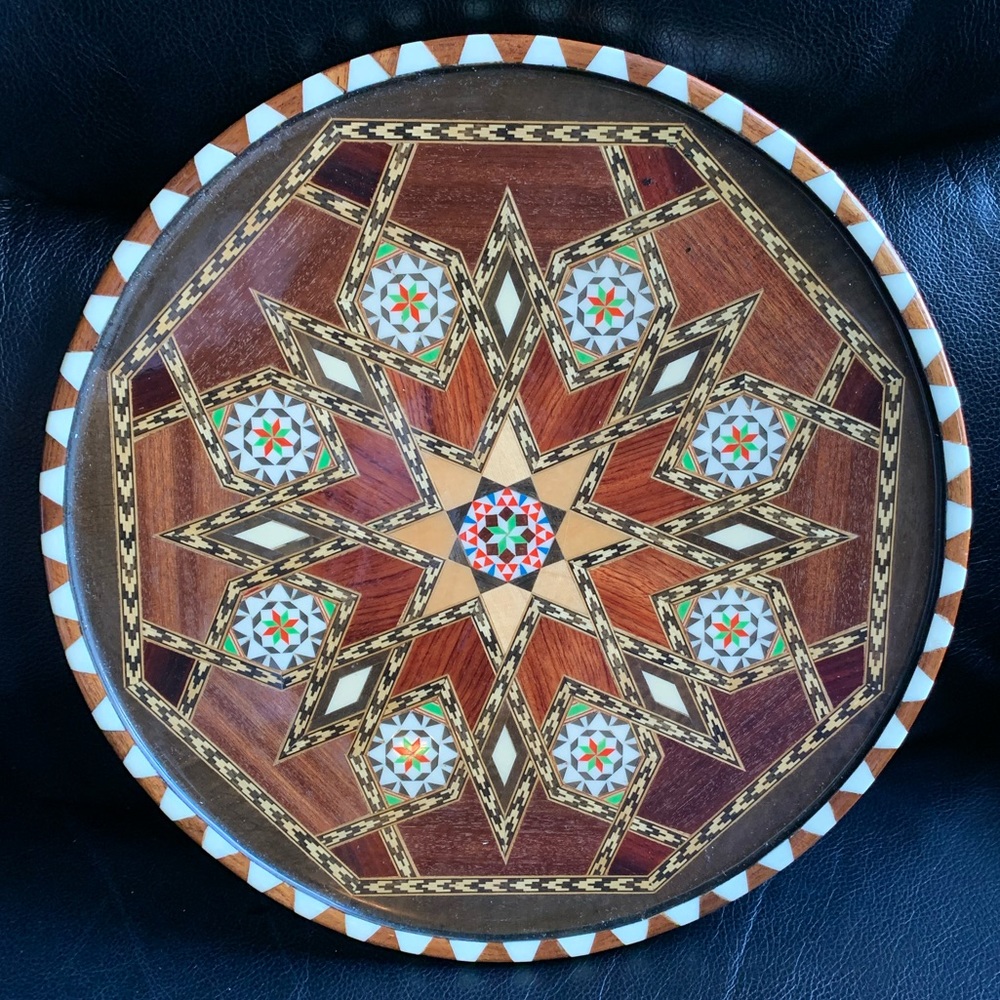 Wooden Circular Tray with Colorful Mosaic Tile Designs